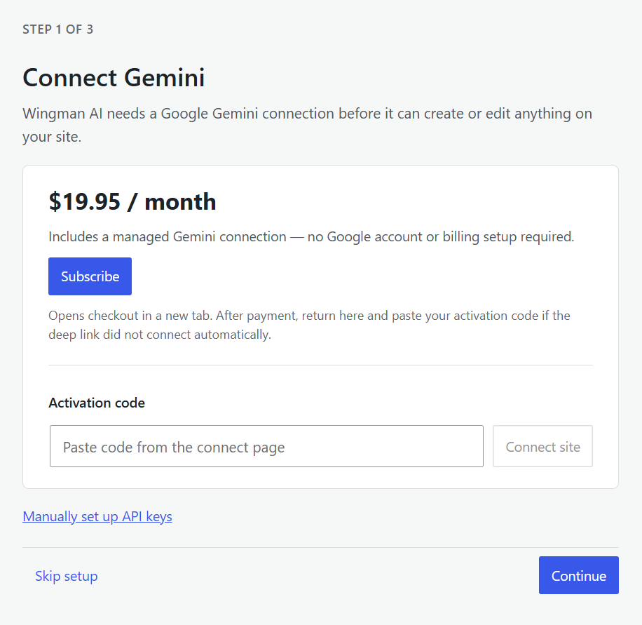API Key connection screen