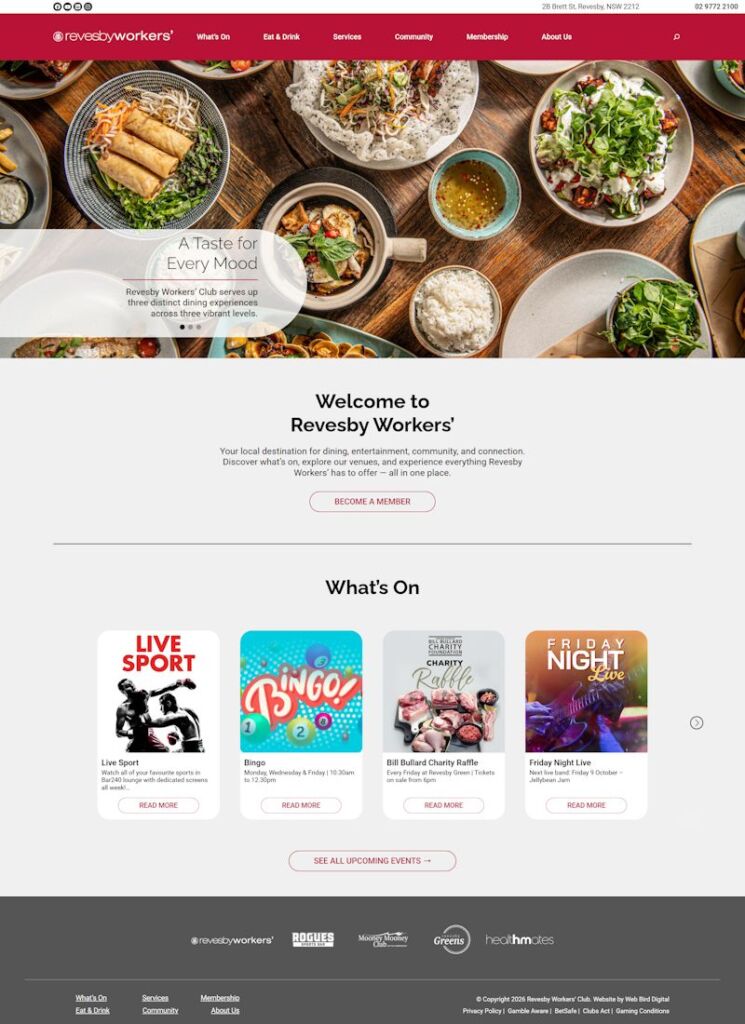 Revesby Workers Club's new website by Web Bird Digital: bright food photography, clear menu and a What's On carousel