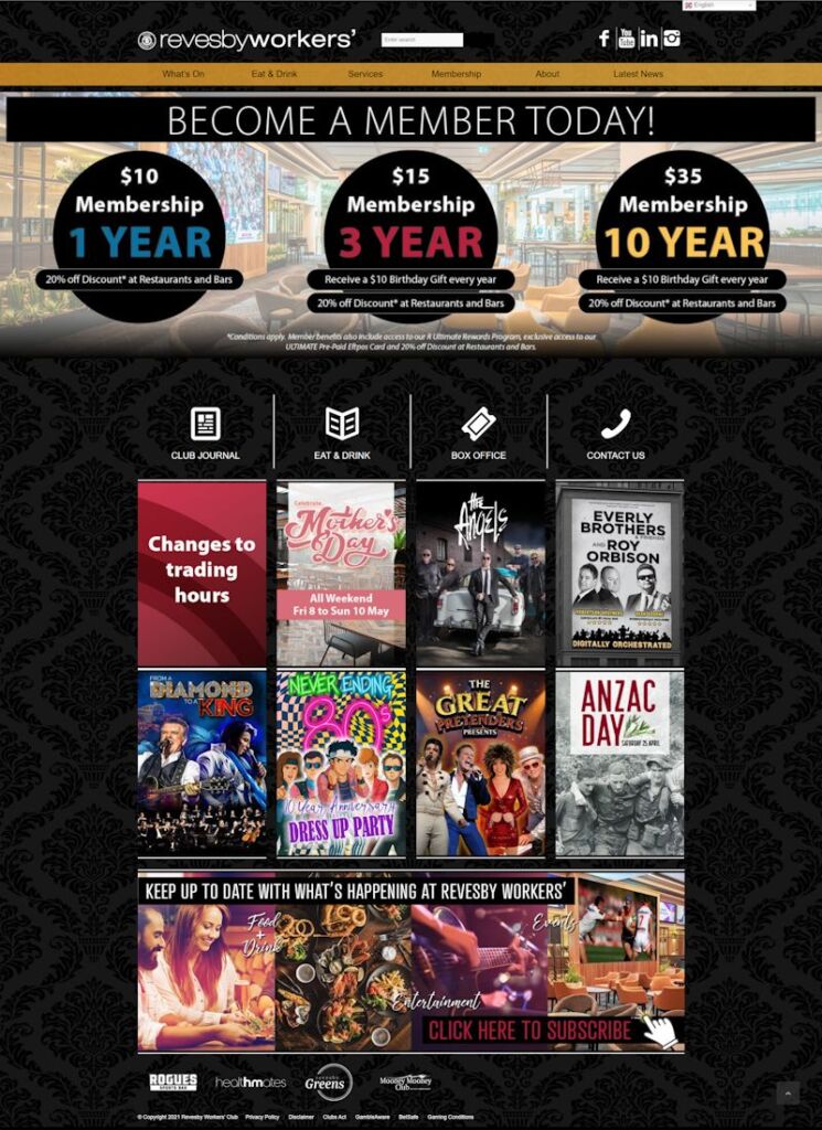 Revesby Workers Club's previous website: dark patterned background and a grid of event posters